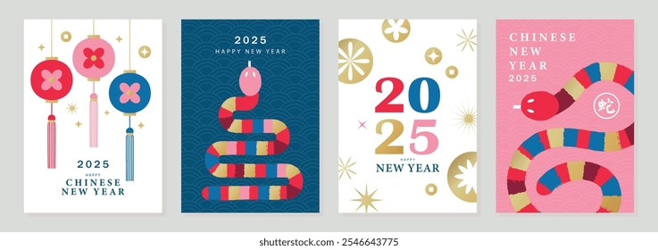 Feliz año Nuevo chino 2025, el año de la serpiente. Conjunto de tarjetas de felicitación con el signo del zodiaco de la serpiente, linternas, patrones chinos y Elementos de diseño. Los jeroglíficos representan el símbolo de la