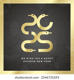 Happy Chinese New Year 2025 ultra modern gold snake design numbers typography with pattern of blended line in shapes 2025 in black background and with luxury golden frame. Greeting card for 2025 year