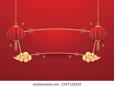 Happy Chinese new year 2025. Chinese new year banner with circle for show product. Greeting card. China frame with lantern on red background.