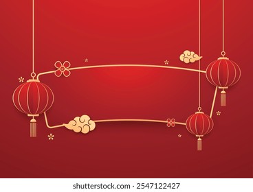 Happy Chinese new year 2025. Chinese new year banner with circle for show product. Greeting card. China frame with lantern on red background.