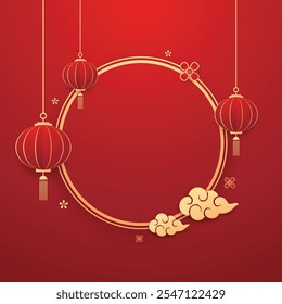 Happy Chinese new year 2025. Chinese new year banner with circle for show product. Greeting card. China frame with lantern on red background.