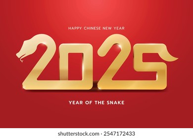 Feliz Ano Novo Chinês 2025, Ano da Cobra, Texto Dourado sobre Fundo Vermelho, Símbolo chinês de cobra zodíaco