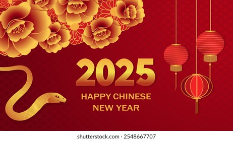 Happy Chinese New Year 2025, Snake zodiac sign, with golden snake, letters and flowers, with traditional patterns and lanterns on a beautiful red background.