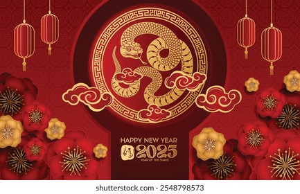 Feliz año nuevo chino 2025 el signo del zodiaco de la serpiente con flor, linterna, Elementos asiáticos estilo de corte de papel rojo sobre fondo de color. ( Traducción: feliz año nuevo 2025 año de la serpiente )