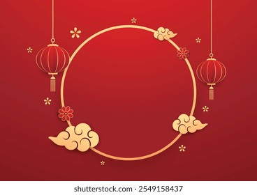 Feliz ano novo chinês 2025. Banner de ano novo chinês com círculo para mostrar produto. Cartão comemorativo. Quadro de China com lanterna no fundo vermelho.