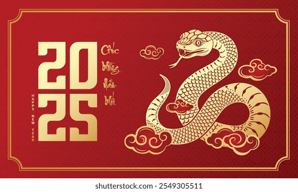 Feliz Ano Novo Chinês 2025. Zodíaco de serpente com nuvem em fundo vermelho para design de cartão. Animal do calendário lunar chinês. (Tradução : Feliz ano novo 2025 ano da cobra )​