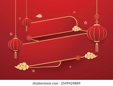 Happy Chinese new year 2025. Chinese new year banner with circle for show product. Greeting card. China frame with lantern on red background.