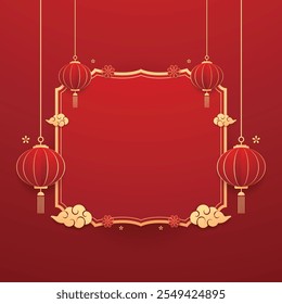 Happy Chinese new year 2025. Chinese new year banner with circle for show product. Greeting card. China frame with lantern on red background.