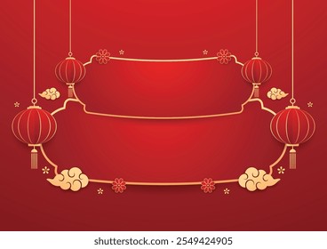 Happy Chinese new year 2025. Chinese new year banner with circle for show product. Greeting card. China frame with lantern on red background.