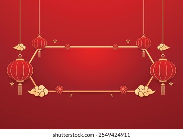 Happy Chinese new year 2025. Chinese new year banner with circle for show product. Greeting card. China frame with lantern on red background.