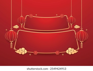 Happy Chinese new year 2025. Chinese new year banner with circle for show product. Greeting card. China frame with lantern on red background.