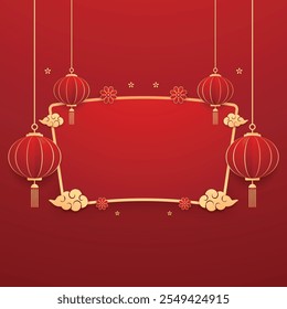 Happy Chinese new year 2025. Chinese new year banner with circle for show product. Greeting card. China frame with lantern on red background.
