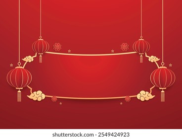 Happy Chinese new year 2025. Chinese new year banner with circle for show product. Greeting card. China frame with lantern on red background.