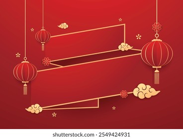 Happy Chinese new year 2025. Chinese new year banner with circle for show product. Greeting card. China frame with lantern on red background.