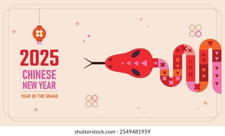 Happy Chinese New Year 2025, 2025 year of the snake. greeting card with the zodiac sign of the snake, lantern, Chinese patterns and design elements.  Design for banner, cover, or flyer.