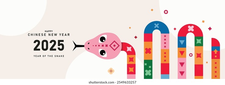 Feliz Ano Novo Chinês 2025. Banner com cobra. Ano novo lunar 2025, personagem do zodíaco animal. Estilo plano moderno. Ilustração vetorial