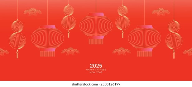 Vetor de fundo de ano novo chinês feliz 2025. Ano da cobra papel de parede design com padrão chinês, decoração de ouro. Ilustração oriental de luxo moderna para capa, banner, site, envelope.