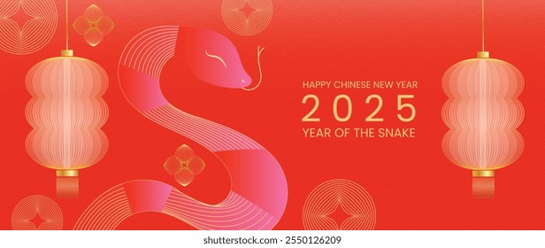 Happy Chinese new year 2025 background vector. Year of the snake design wallpaper with Chinese pattern, gold decoration. Modern luxury oriental illustration for cover, banner, website, envelope.