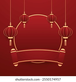 Happy Chinese new year 2025. Chinese new year banner with circle for show product. Greeting card. China frame with lantern on red background.