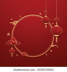 Happy Chinese new year 2025. Chinese new year banner with circle for show product. Greeting card. China frame with lantern on red background.