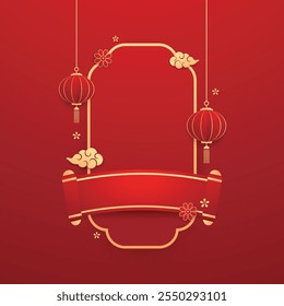 Happy Chinese new year 2025. Chinese new year banner with circle for show product. Greeting card. China frame with lantern on red background.