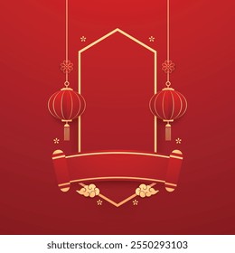 Feliz ano novo chinês 2025. Banner de ano novo chinês com círculo para mostrar produto. Cartão comemorativo. Quadro de China com lanterna no fundo vermelho.