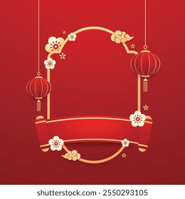 Happy Chinese new year 2025. Chinese new year banner with circle for show product. Greeting card. China frame with lantern on red background.