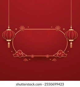 Happy Chinese new year 2025. Chinese new year banner for show product. Greeting card. China frame with lantern on red background.