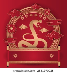 Happy Chinese new year 2025. Year of the snake design wallpaper with gold ornament. Modern luxury oriental illustration for cover, banner, website, envelope