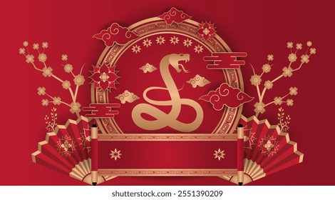 Happy Chinese new year 2025. Year of the snake design wallpaper with gold ornament. Modern luxury oriental illustration for cover, banner, website, envelope