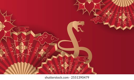 Happy Chinese new year 2025. Year of the snake design wallpaper with gold ornament. Modern luxury oriental illustration for cover, banner, website, envelope