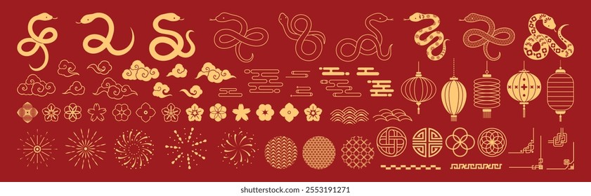 Happy Chinese New Year 2025 Icons Vektorsatz. Laternen, Schlange, Feuerwerk, Ecke, Muster, Wolke, Münze, Blume einzelne Symbole der asiatischen Mond-Neujahr Feiertag Dekoration Vektor.