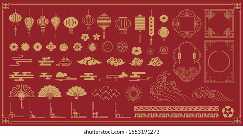 Conjunto de Vector de iconos de feliz año Nuevo chino 2025. Linternas, serpiente, fuegos artificiales, rincón, patrón, nube, moneda, flor aislados iconos del Vector de decoración de vacaciones de Año Nuevo Lunar asiático.