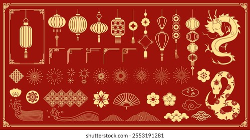 Feliz Ano Novo Chinês 2025 ícones vetor conjunto. Lanternas, cobra, fogo de artifício, canto, padrão, nuvem, moeda, flor ícones isolados de Ano Novo Lunar asiático decoração vetor.