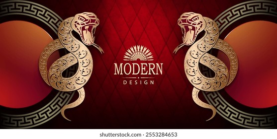 Happy Chinese new year 2025, isolated snakes with glitter, Asian elements in red and gold.