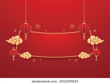 Feliz ano novo chinês 2025. Banner chinês de ano novo para show product. Cartão comemorativo. Quadro de China com lanterna no fundo vermelho.