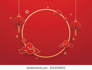 Feliz ano novo chinês 2025. Banner chinês de ano novo para show product. Cartão comemorativo. Quadro de China com lanterna no fundo vermelho.