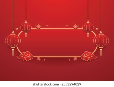 Happy Chinese new year 2025. Chinese new year banner for show product. Greeting card. China frame with lantern on red background.