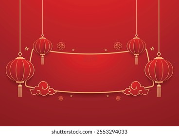 Feliz ano novo chinês 2025. Banner chinês de ano novo para show product. Cartão comemorativo. Quadro de China com lanterna no fundo vermelho.