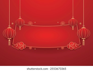 Happy Chinese new year 2025. Chinese new year banner for show product. Greeting card. China frame with lantern on red background.