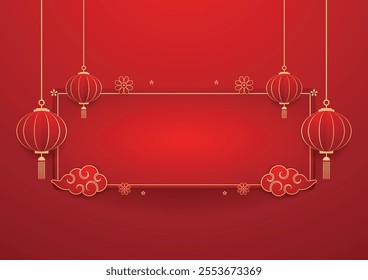 Happy Chinese new year 2025. Chinese new year banner for show product. Greeting card. China frame with lantern on red background.