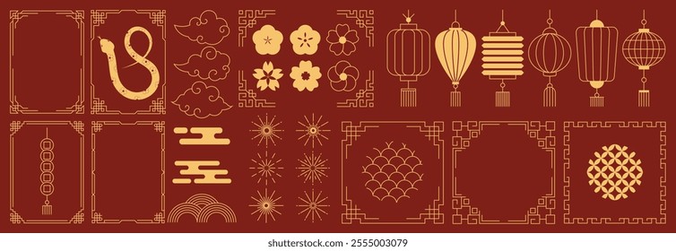 Happy Chinese New Year 2025 Icons vector set. Lanterns, snake, frame, firework, wave, cloud, coin, flower isolated icons of Asian Lunar New Year holiday decoration vector.