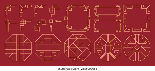 Happy Chinese New Year 2025 Icons vector set. Design of Chinese frame, corner, label, border, divider isolated icons of Asian Lunar New Year holiday decoration vector.