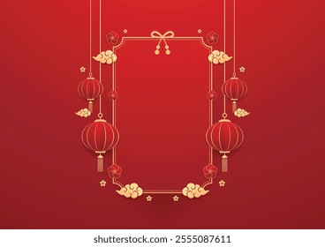 Happy Chinese new year 2025. Chinese new year banner for show product. Greeting card. China frame with lantern on red background.