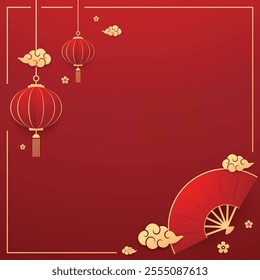 Happy Chinese new year 2025. Chinese new year banner for show product. Greeting card. China frame with lantern on red background.