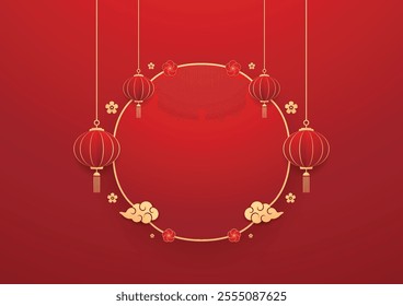 Happy Chinese new year 2025. Chinese new year banner for show product. Greeting card. China frame with lantern on red background.