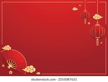 Happy Chinese new year 2025. Chinese new year banner for show product. Greeting card. China frame with lantern on red background.