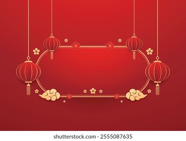 Happy Chinese new year 2025. Chinese new year banner for show product. Greeting card. China frame with lantern on red background.