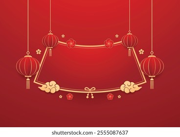 Happy Chinese new year 2025. Chinese new year banner for show product. Greeting card. China frame with lantern on red background.