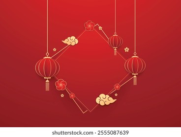 Happy Chinese new year 2025. Chinese new year banner for show product. Greeting card. China frame with lantern on red background.